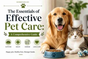 Effective Pet Care. Golden Retriever dog and tabby cat sitting together beside a pet food bowl, representing essential pet care tips for healthy and happy pets.