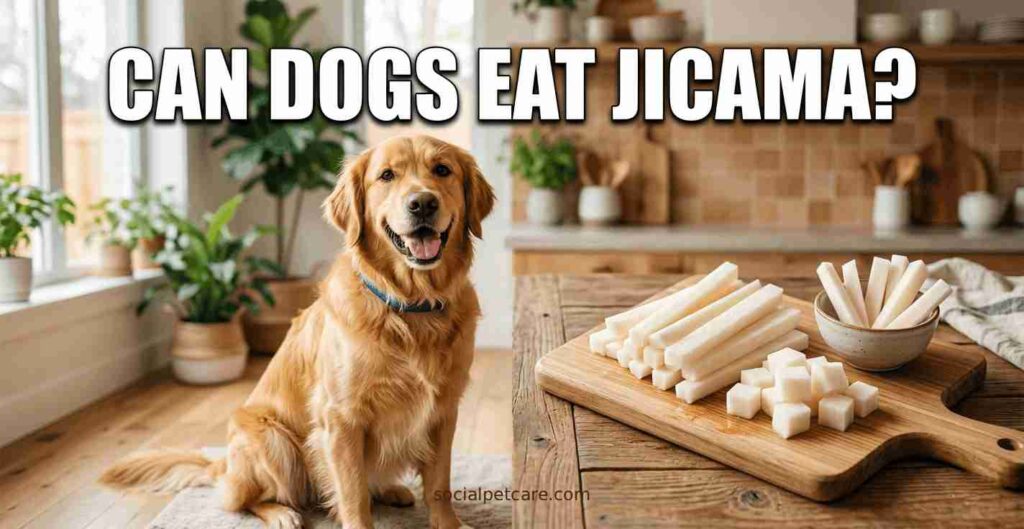 Freshly sliced jicama sticks on a wooden cutting board representing safe vegetables for dogs