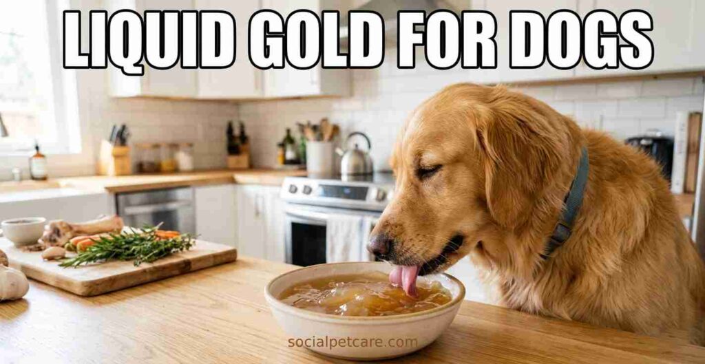 A golden retriever happily drinking homemade bone broth from a ceramic bowl.