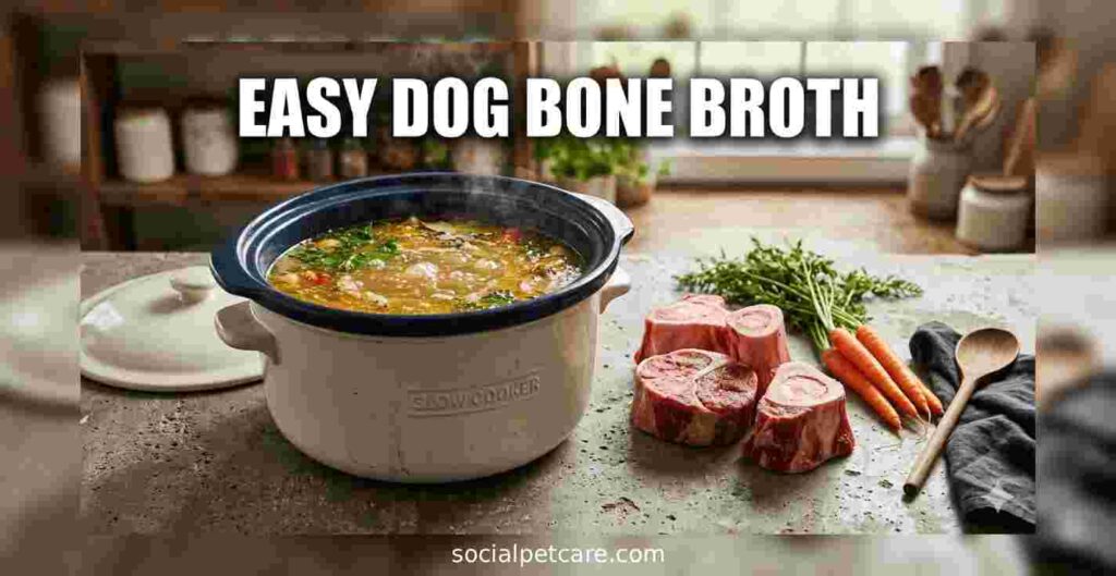 A slow cooker filled with golden homemade bone broth for dogs next to raw marrow bones and carrots.