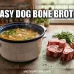 A slow cooker filled with golden homemade bone broth for dogs next to raw marrow bones and carrots.