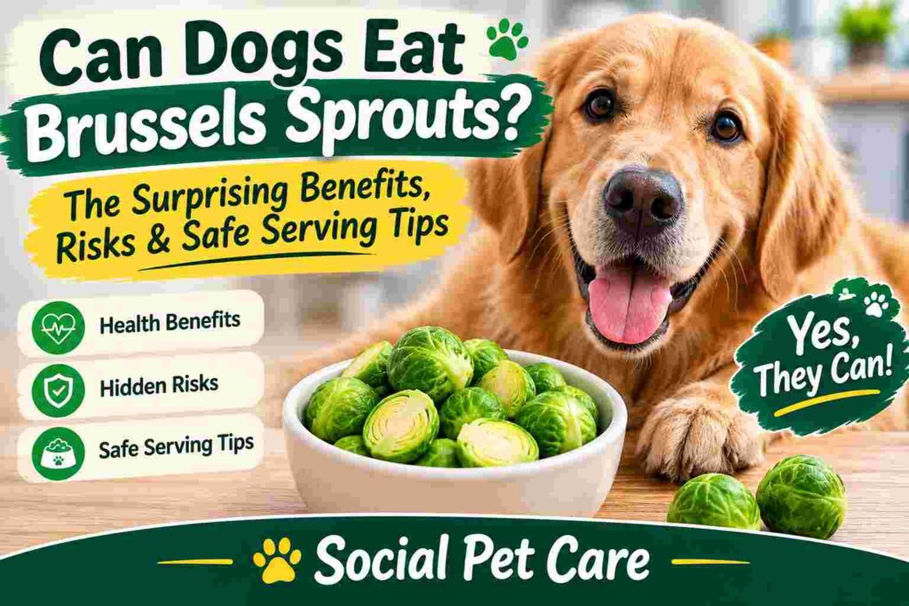 Golden retriever beside a bowl of Brussels sprouts with text asking, “Can Dogs Eat Brussels Sprouts?” and highlighting health benefits, hidden risks, and safe serving tips.