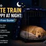 How to crate train a puppy at night with a sleeping puppy resting comfortably in a crate