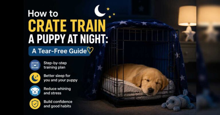 How to crate train a puppy at night with a sleeping puppy resting comfortably in a crate